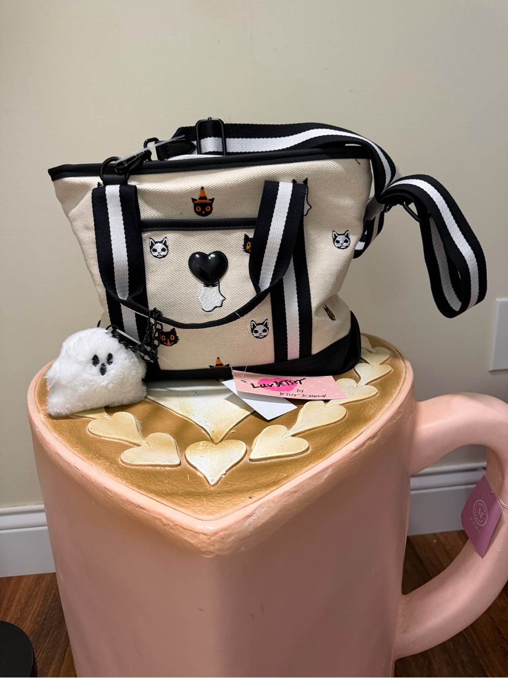 Luv Betsey Johnson Canvas Tote Bag Purse with Halloween Cats & Furry Ghost Charm